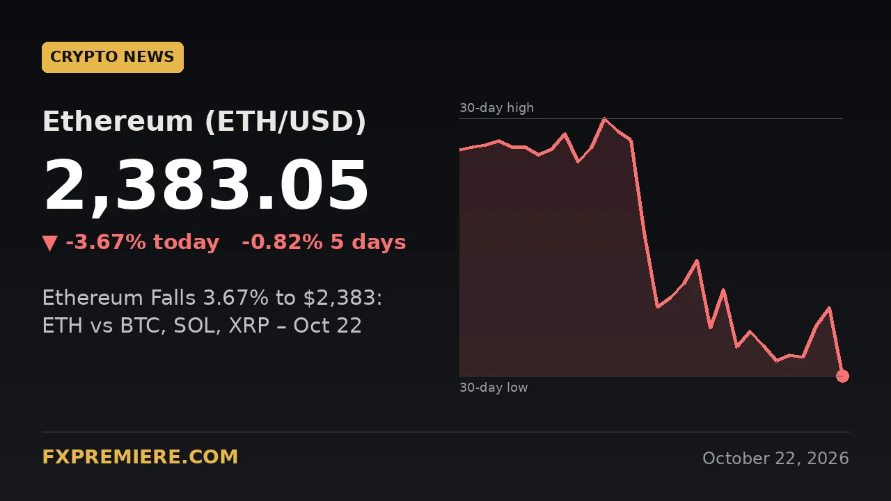 Ethereum Falls 3.67% to $2,383: ETH vs BTC, SOL, XRP – Oct 22