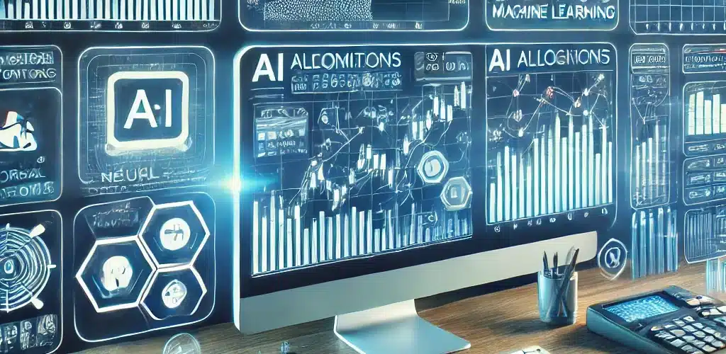 DALL·E 2024 09 03 13.36.34 An illustration of a futuristic trading desk with multiple screens displaying Forex charts AI algorithms in action and a digital assistant providing